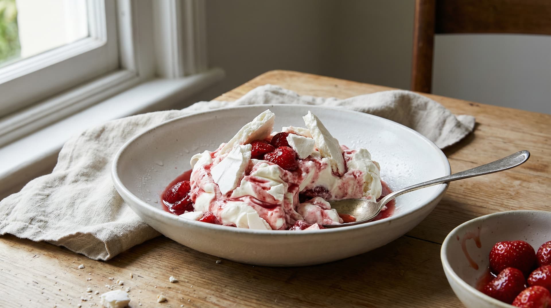British Eton mess with crushed meringue, fresh strawberries, and cream