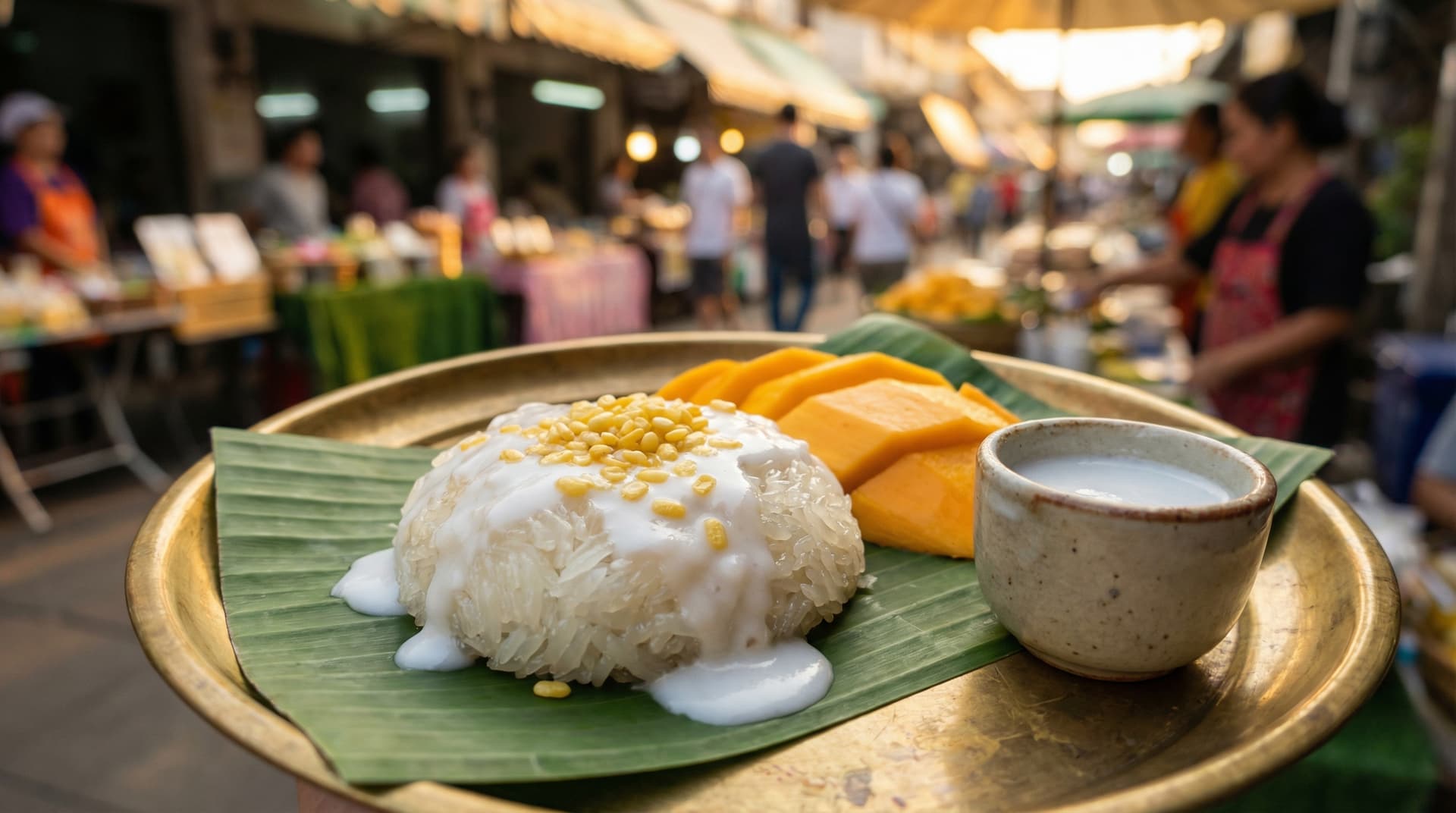 Thai mango sticky rice with coconut cream on banana leaf at a Bangkok market