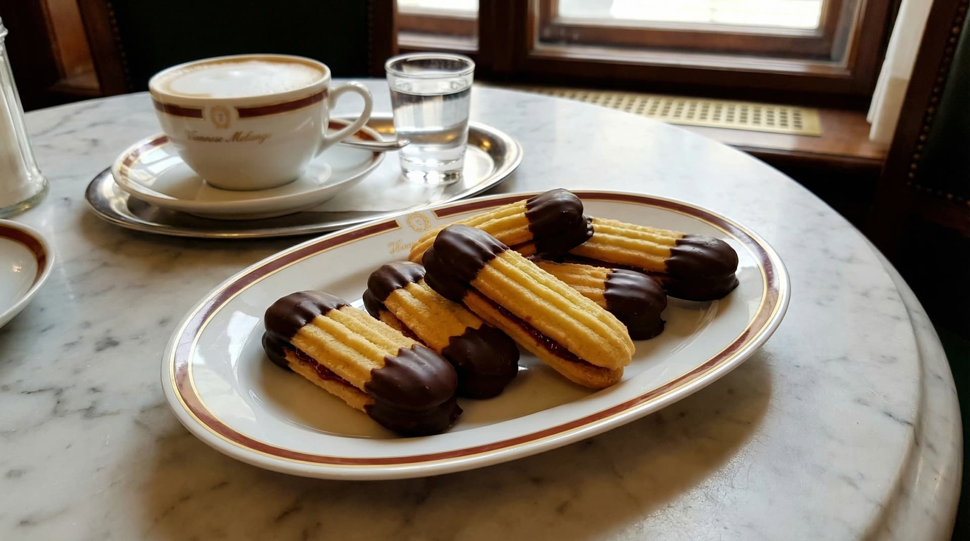 Viennese Linzer Stangerl cookies dipped in chocolate at a marble coffee house table