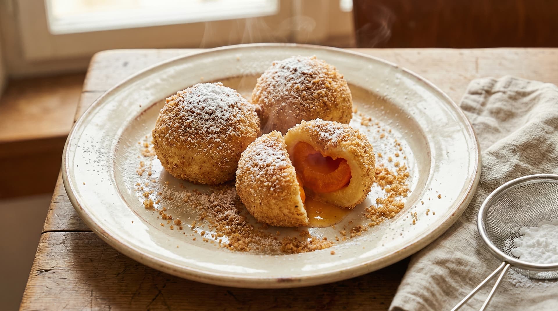 Austrian Marillenknodel apricot dumplings with golden breadcrumb coating