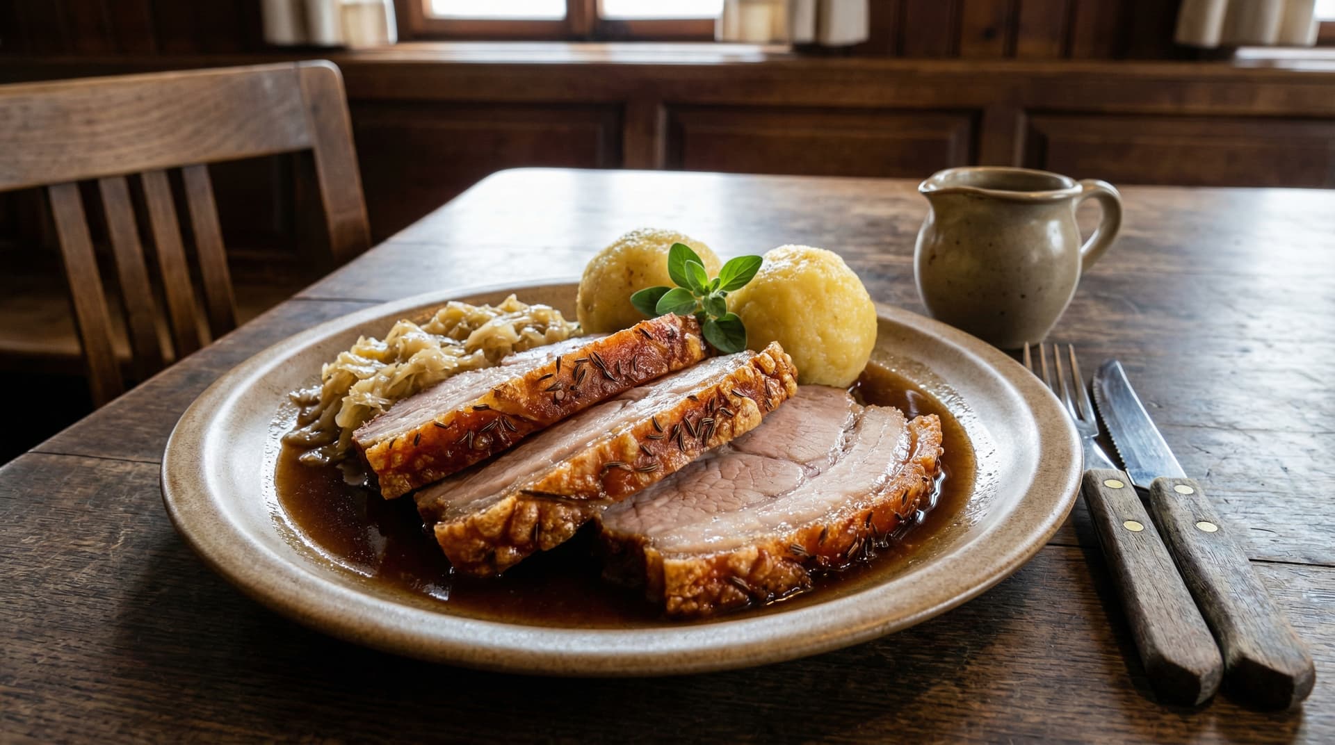 Austrian Schweinsbraten roast pork with crispy crackling and potato dumplings