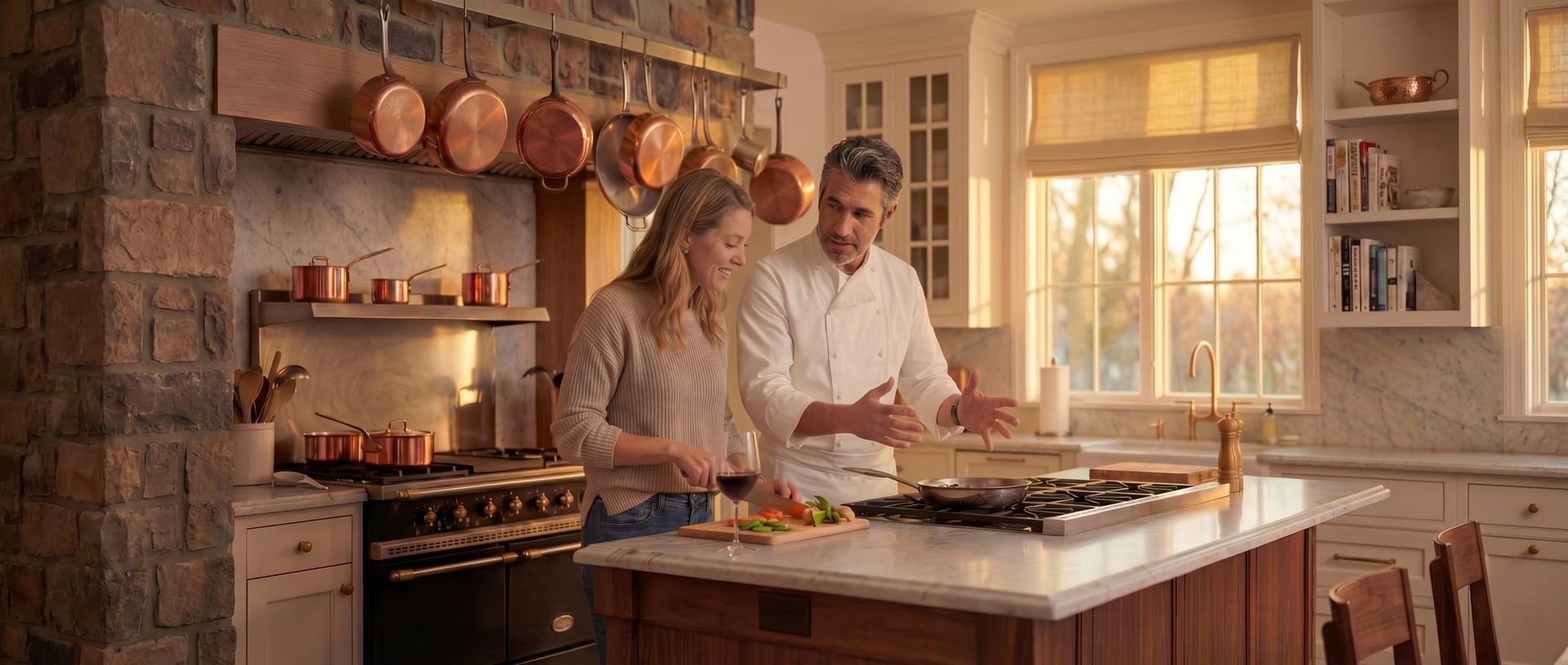 Chef mentoring a home cook in a warm kitchen with copper pans